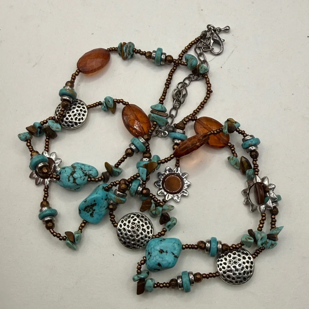 Boho Blue Amber Beaded Necklace Silver Tone Sunburst Charms Southwestern - Picture 5 of 5